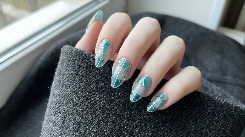 Close-up photo of almond-shaped blue mosaic stained glass nails on an 18-year-old female hand with very white skin resting on dark gray wool fabric.