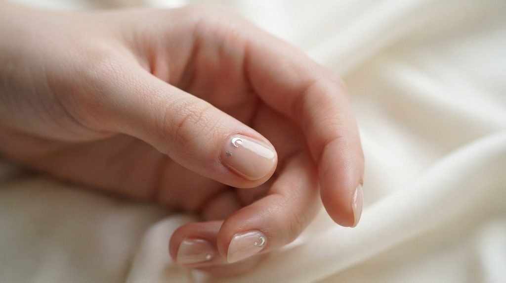 A close-up photograph of short round nails with sheer nude base and minuscule silver micro moon and star details near the cuticles, against a blurred ivory silk background.