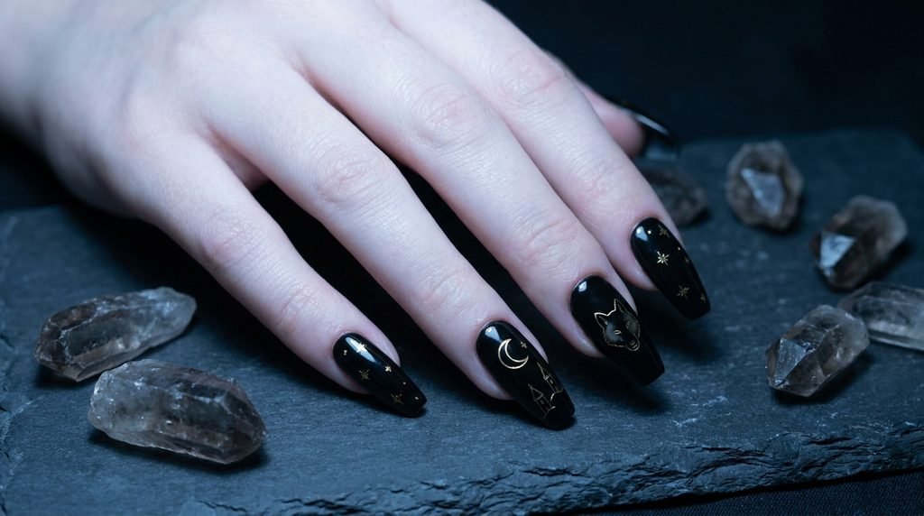 Long coffin black nails with detailed gold painted Moon card symbols including a moon and towers, against dark textured slate.