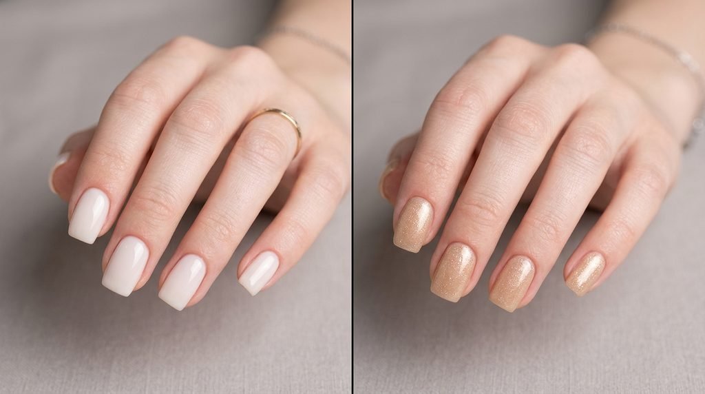 Nails showing a comparison between cool milky nude gel and warm champagne gel polish.
