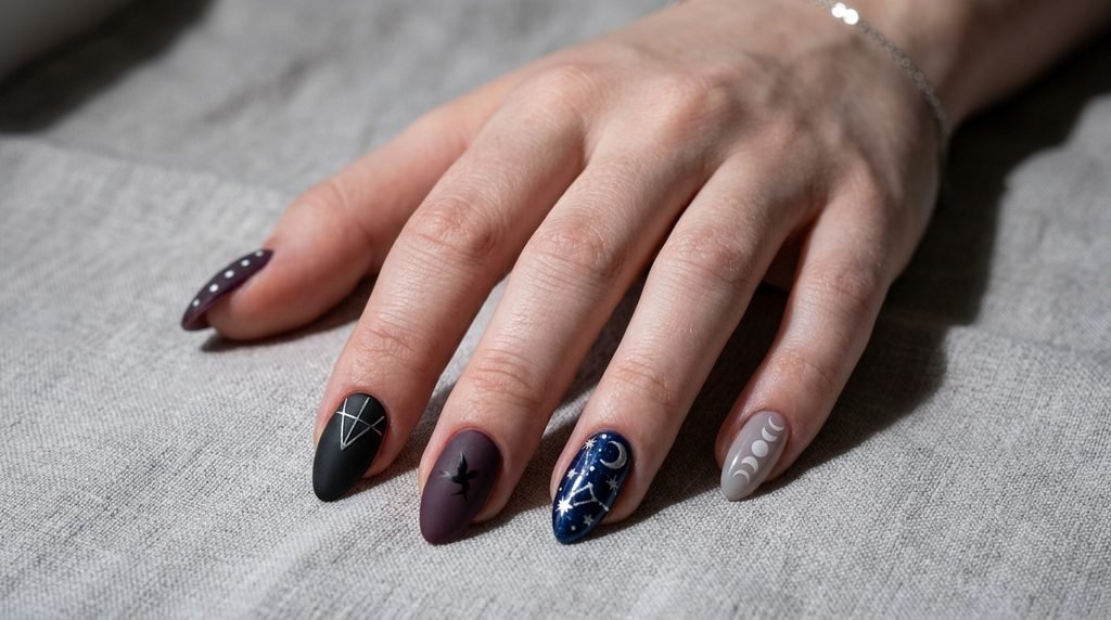 Side-by-side comparison of matte black almond and glossy navy stiletto nails.