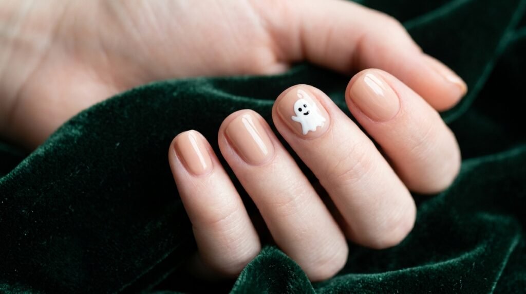 Short round natural nails on a white skin 18-year-old hand with nude polish and a white ghost design on the ring finger.