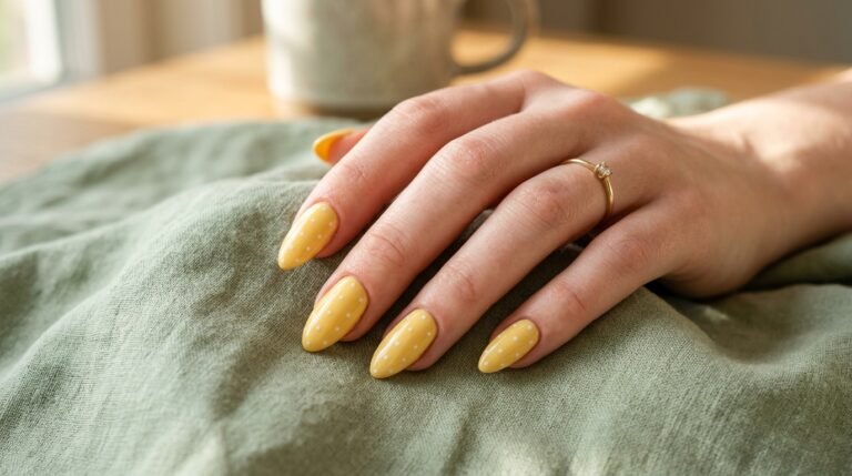 Close-up of a hand with fair skin displaying medium-length almond nails painted in soft pastel butter yellow with tiny white polka dots.