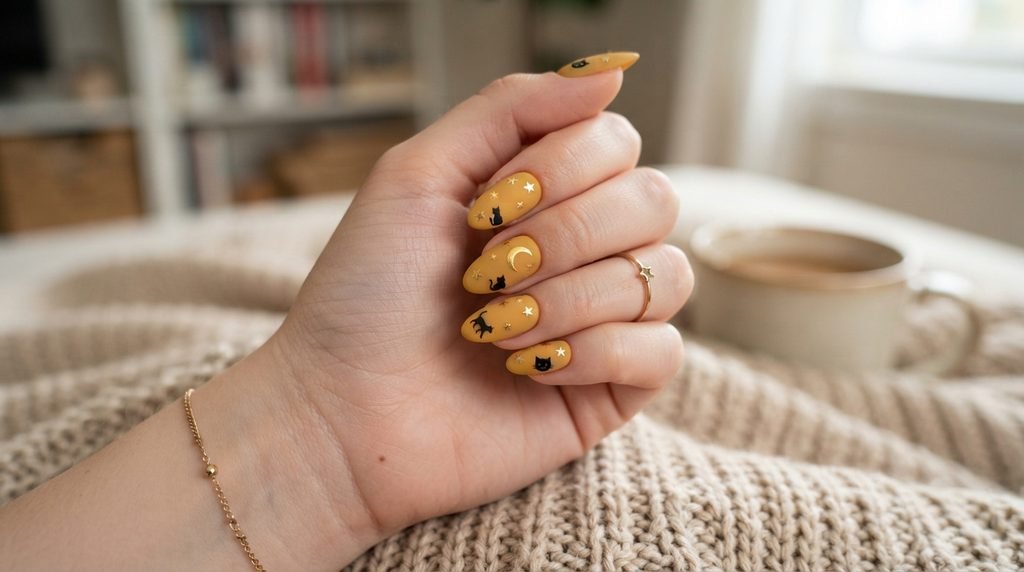 Matte yellow almond nails with star details on female hand with white skin tone.
