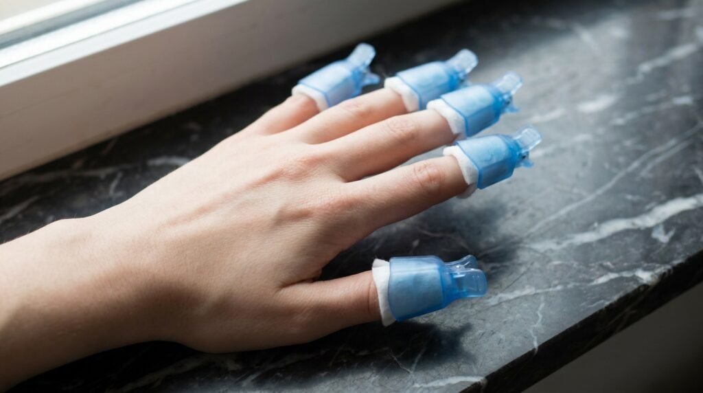 Safe gel nail removal clip process on female hand with smooth very white skin tone.