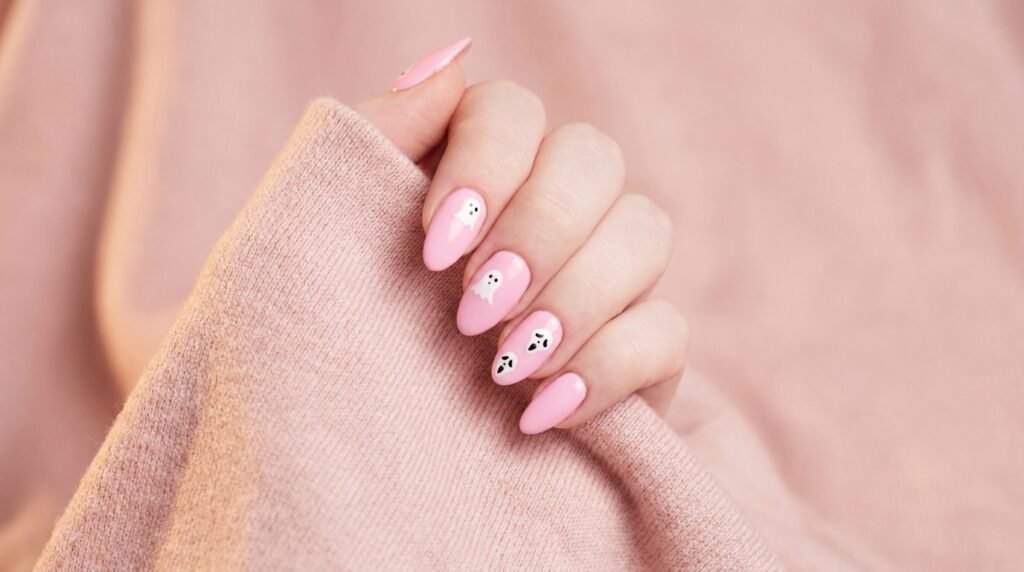 Pastel pink almond nails featuring white ghost mask art on fair skin.