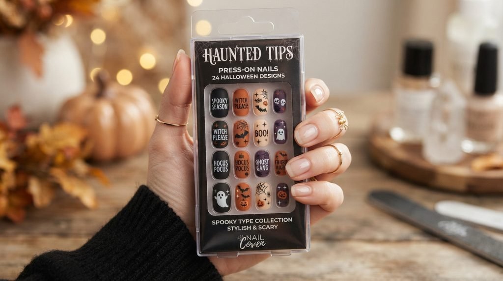 Fair female hand holding a package of pre-designed Halloween typography press-on nails.