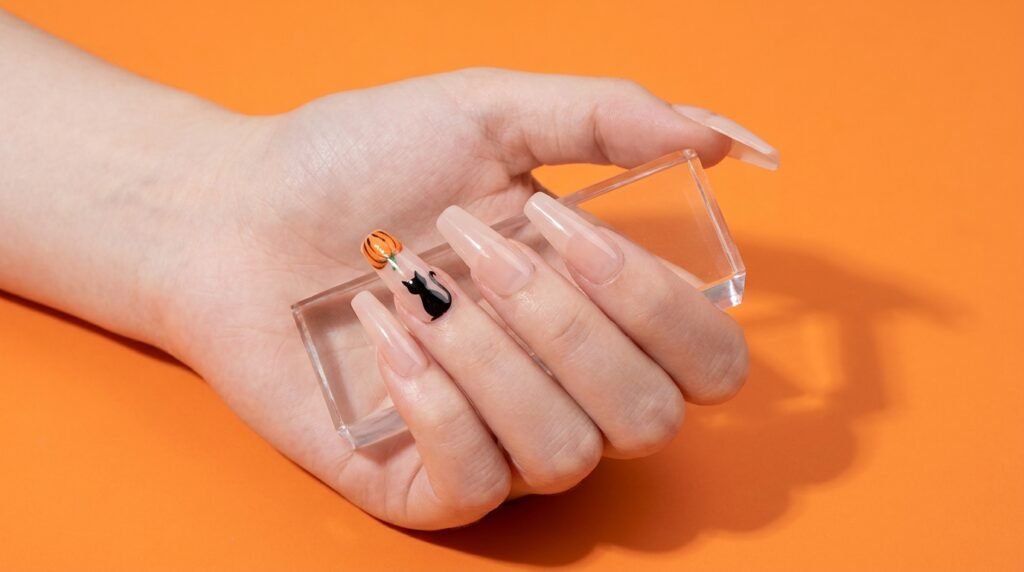 Mismatched Halloween press-on coffin nails worn by an 18-year-old female hand with white skin