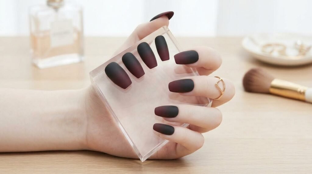 Close-up of realistic matte black to burgundy ombré press-on nails on a white female hand (18), vanity background.
