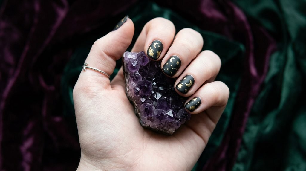 Short matte black nails with aged gold foil celestial symbols holding a dark amethyst crystal, against moody jewel-toned fabrics.