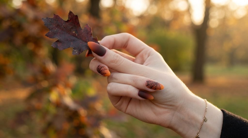 Long almond nails with a matte burgundy and orange ombré held by an 18-year-old female hand with white skin.