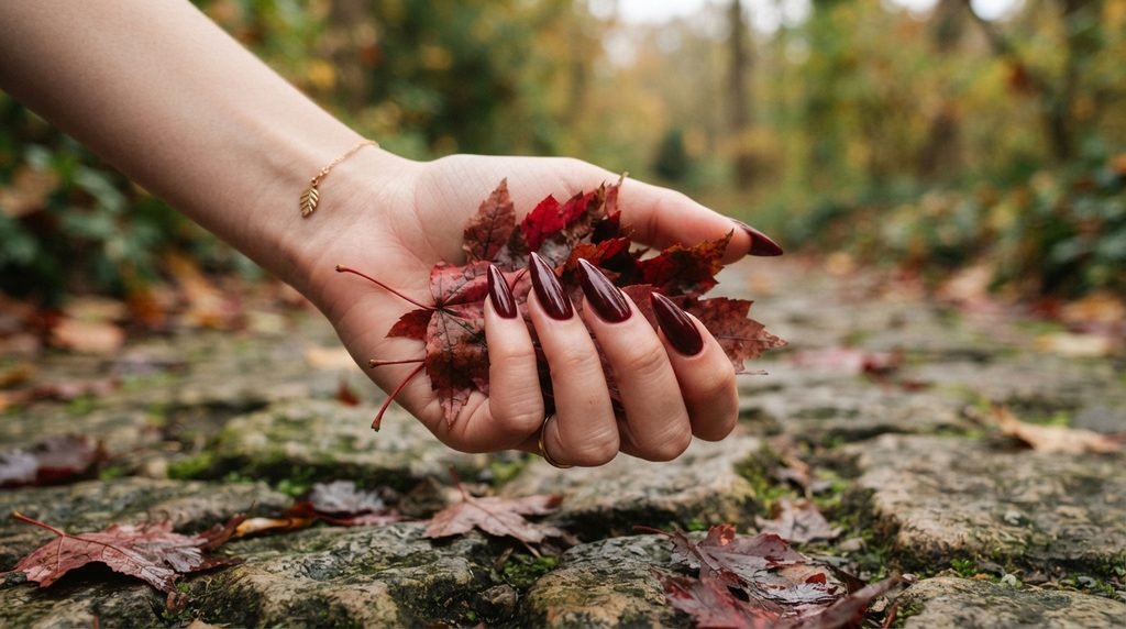 A macro image of a woman’s hand holding red autumn leaves, featuring almond nails with a pointed oxblood French tip.