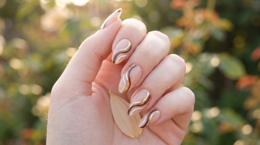 An 18-year-old female hand with white skin holding a petal, displaying almond nails with abstract chocolate and gold swirls.