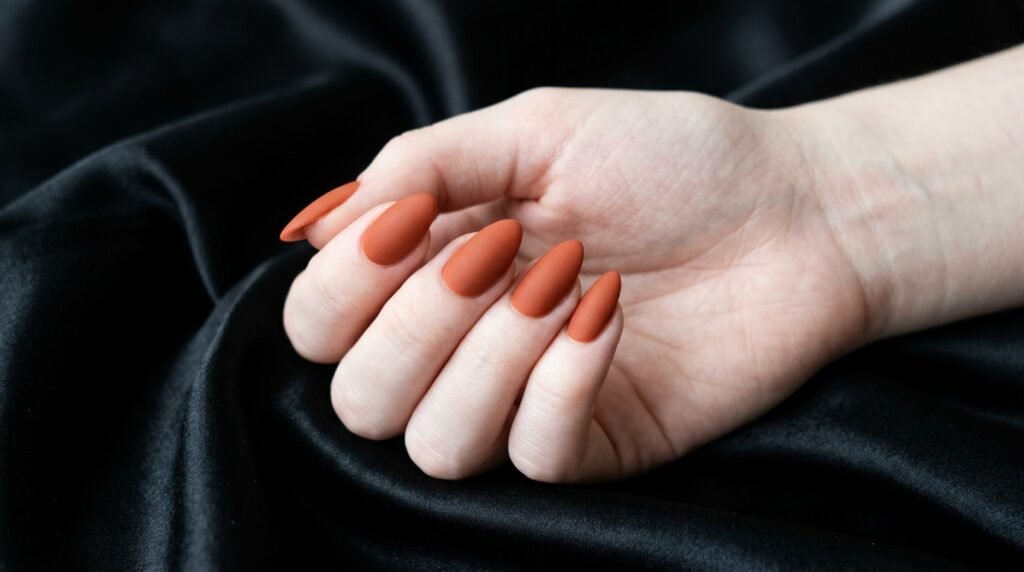 Matte terracotta orange almond nails on 18-year-old female hand with pale white skin against black satin.