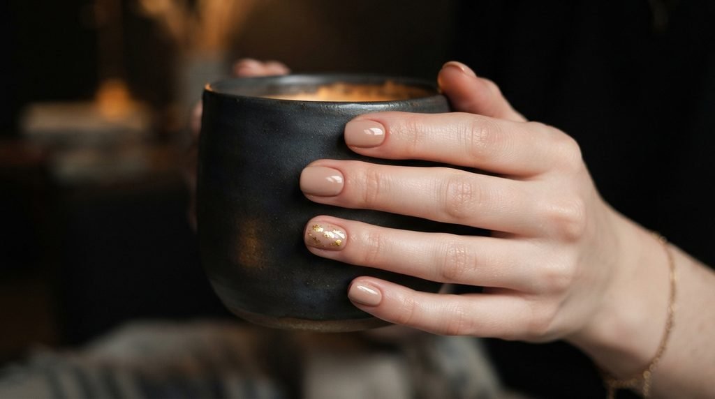 Short round mocha nude nails with gold leaf flecks held near a dark mug.