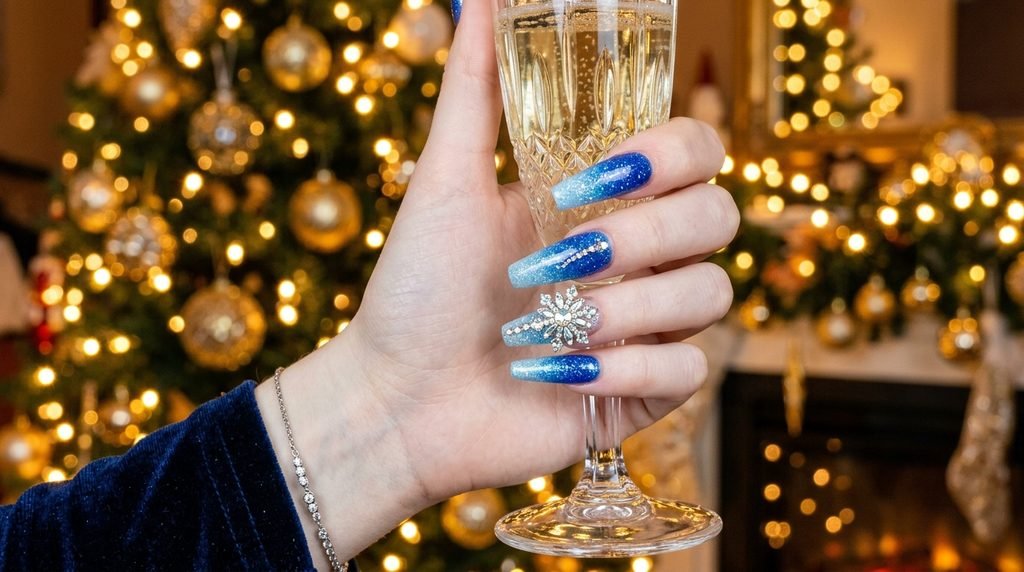 Close-up of coffin blue ombré nails holding a champagne flute against blurry holiday lights.