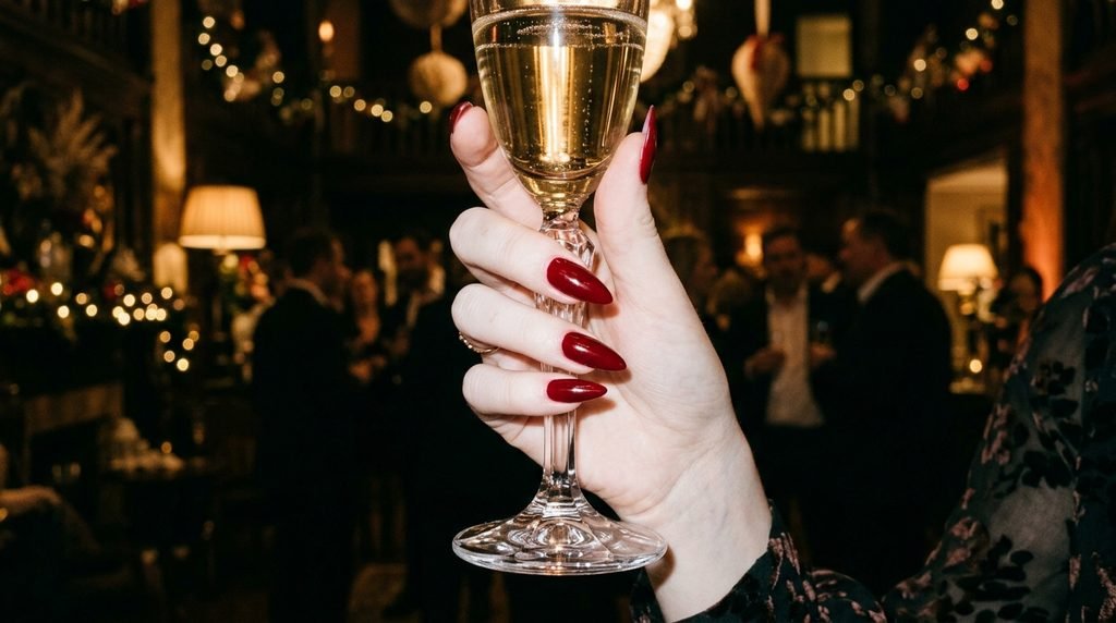 A woman's hand with almond oxblood pointed French tip nails holding a crystal glass at an elegant party