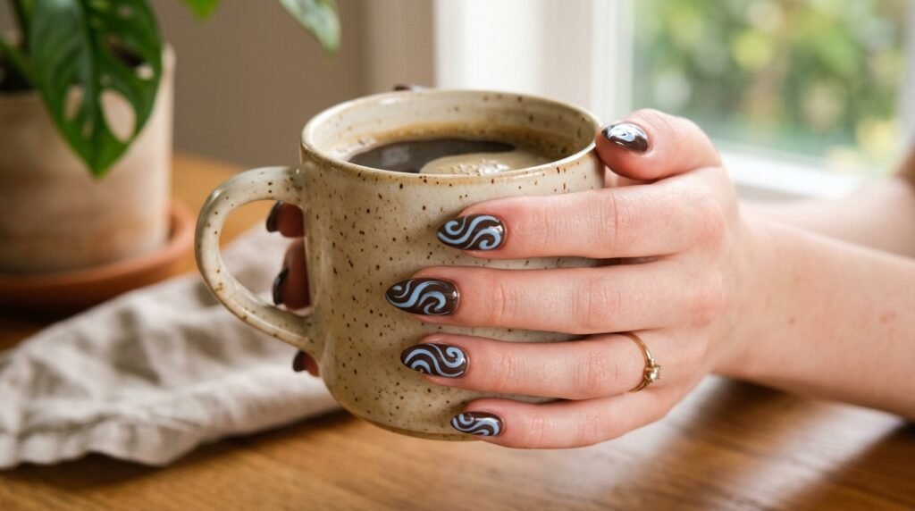 An 18-year-old female hand with white skin holding a mug, displaying brown almond nails with blue swirls.