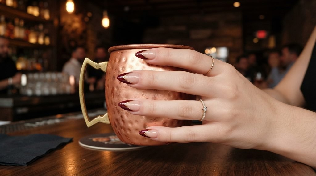 A woman's hand holding a copper mug, showing off glossy oxblood pointed French tip nails.