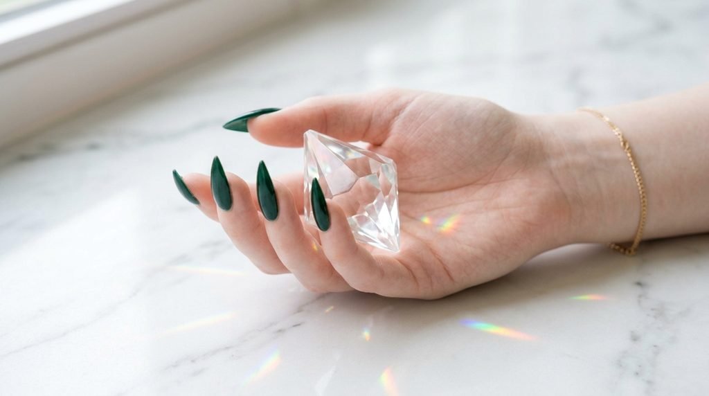 Eighteen year old female hand with fair skin showcasing dark jewel green stiletto nails cupping a glass crystal prism over white marble.