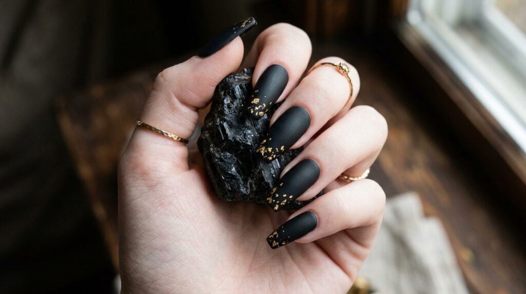Velvet matte black coffin nails with small gold foil flakes held by an 18-year-old hand with white skin.