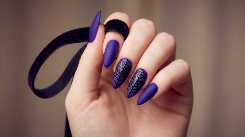 Matte royal purple nails with glossy black spiderweb accents on smooth very white female hand.