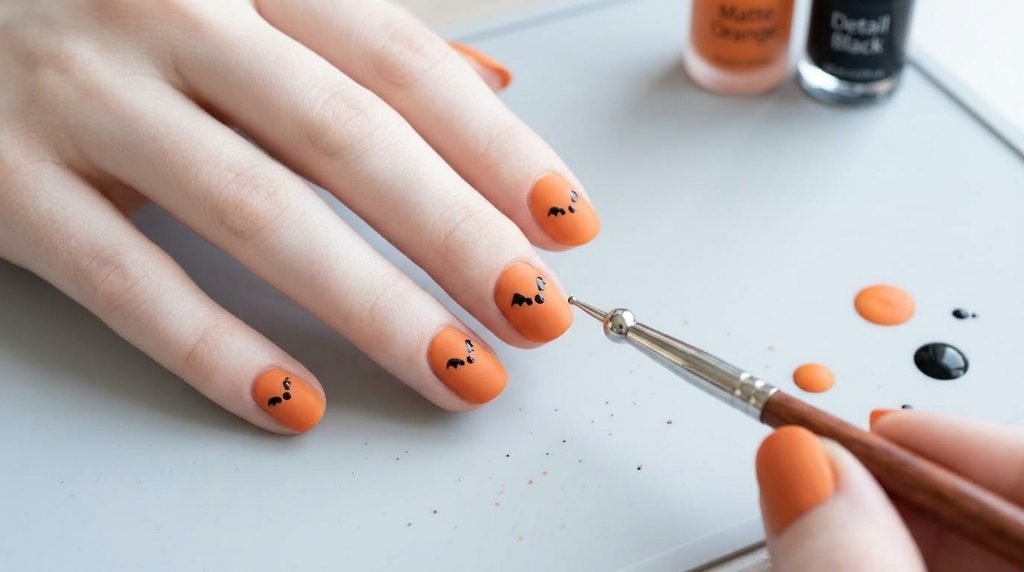 An 18-year-old female hand with white skin holding a dotting tool over a short orange bat nail.