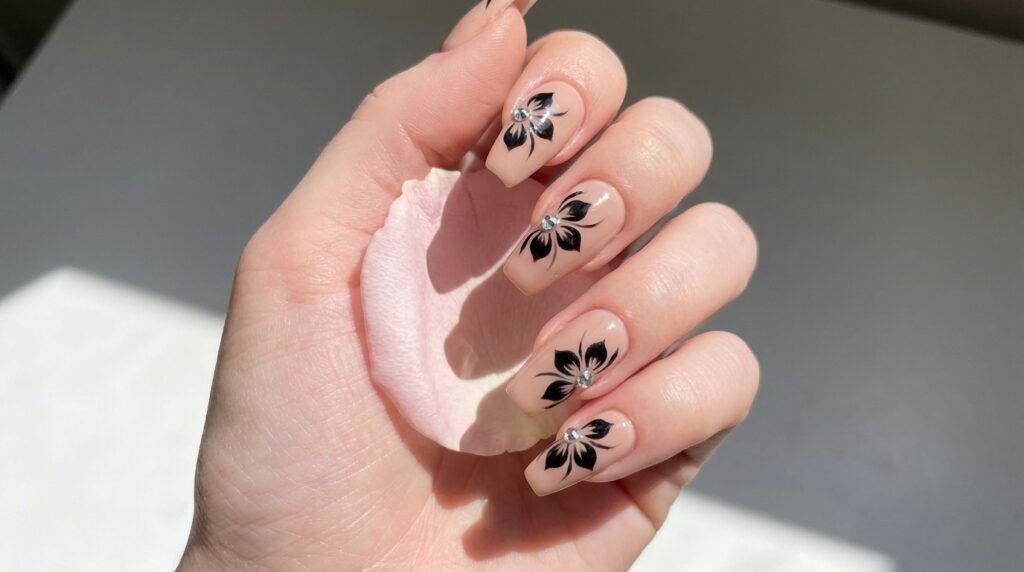 Female hand holding a flower petal while showing black floral coffin nails with rhinestones.