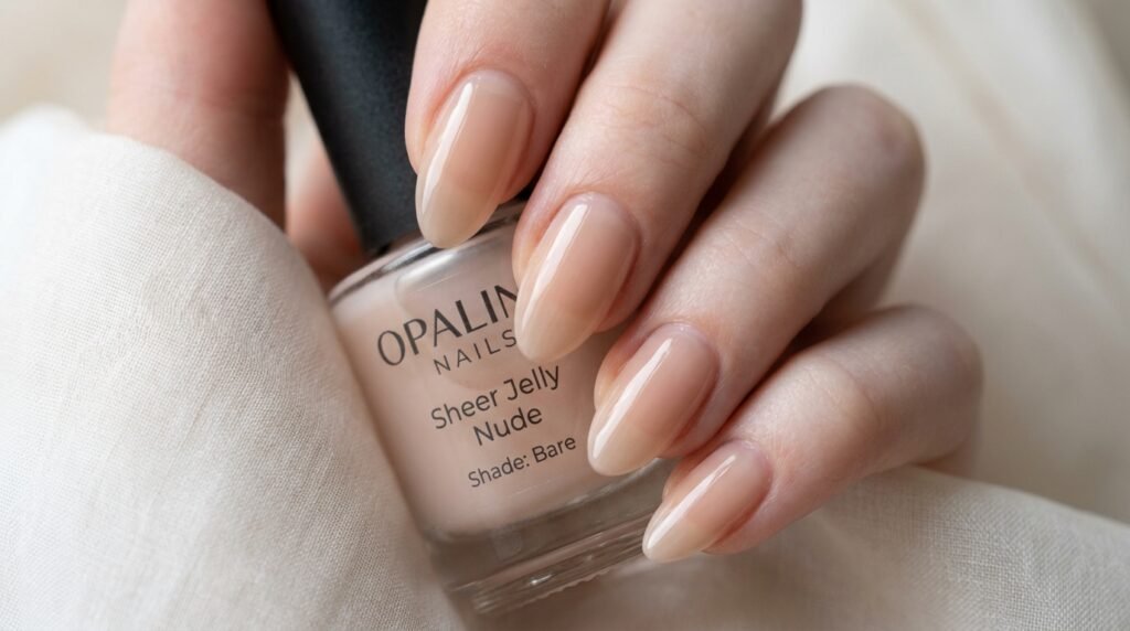 Extreme close-up of three fingers with very white skin showcasing flawless sheer jelly-nude polish on almond nails.