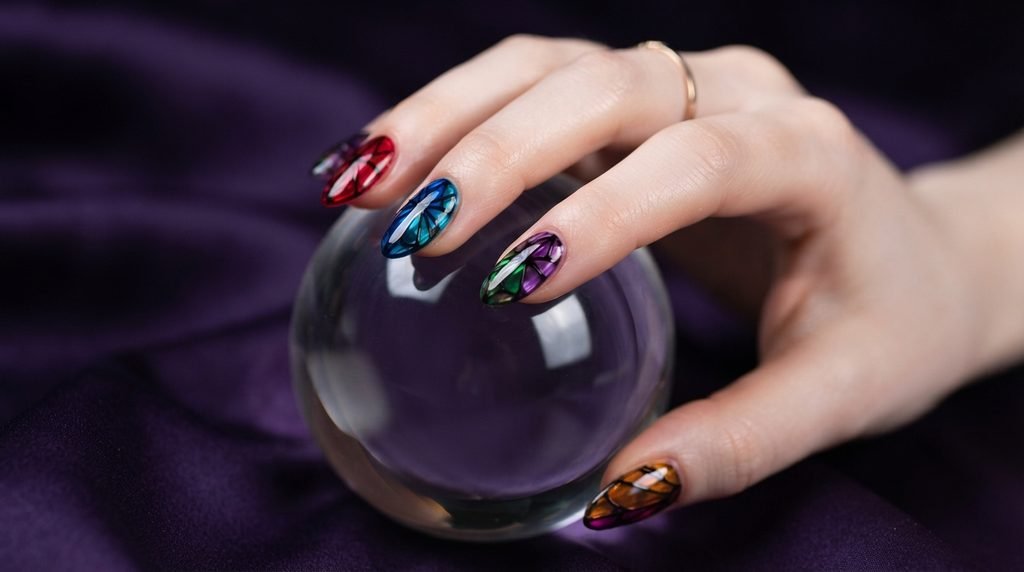 Macro photography of an 18-year-old female hand with very white skin holding a glass sphere over midnight-violet silk to highlight high-gloss jelly gel nail art.