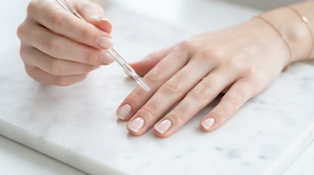 Clean prepped natural nails on an 18-year-old white female hand resting on a white marble background.