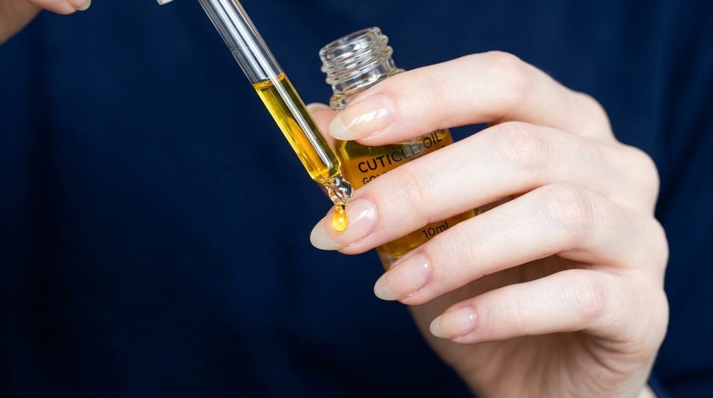 Female hand with white skin holding a cuticle oil dropper over glossy floral nails against dark navy.