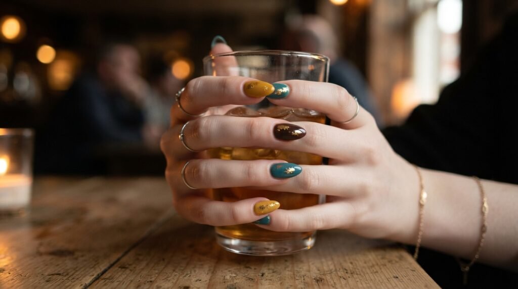 Full hand with 5 mismatched gold foil fall nails catching ambient evening light.
