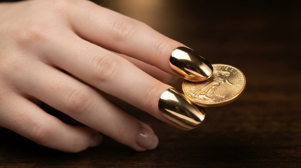 A tight close-up of a woman's index and middle finger with a perfect yellow gold chrome mirror finish. The smooth texture catches soft light.