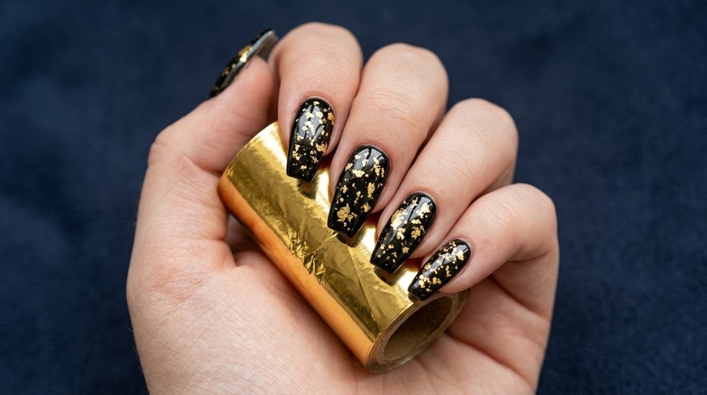 Black coffin nails with metallic gold foil accents on an 18-year-old female white hand against navy blue backdrop.
