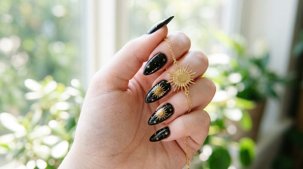 Medium length stiletto black nails with vibrant gold painted sun designs with rays, holding a gold sunburst charm.
