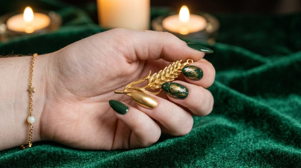  Medium almond forest green nails with gold foil and line art of Empress card symbols against lush emerald velvet.