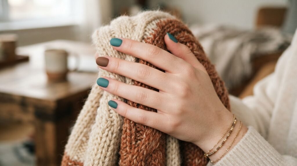 Female hand with light skin displaying 5 mismatched autumn nails holding a knit scarf.