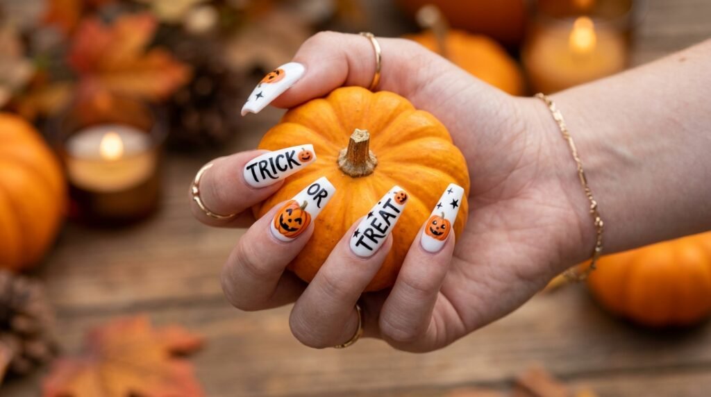 Trick or Treat text nail art with mini pumpkin details on coffin nails.