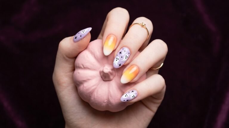 Close-up of an 18-year-old female hand with very white skin showing pastel ghost and candy corn almond nails against a dark plum background.