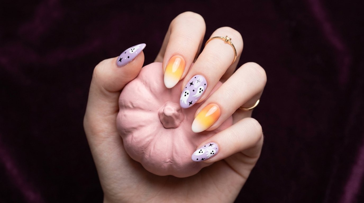 Close-up of an 18-year-old female hand with very white skin showing pastel ghost and candy corn almond nails against a dark plum background.