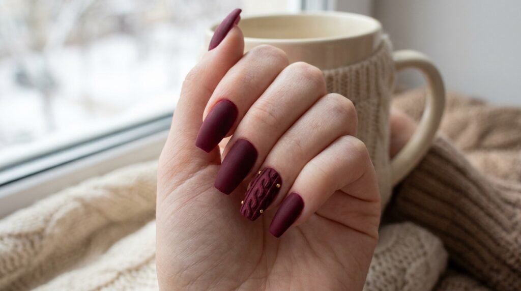 Matte burgundy coffin nails featuring a 3D sweater-knit texture and gold stud accents.
