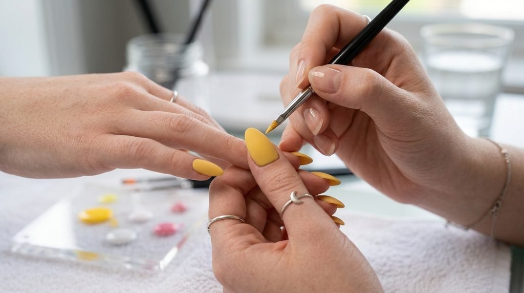 Hand with very white skin holding nail art brush near matte yellow almond nails.