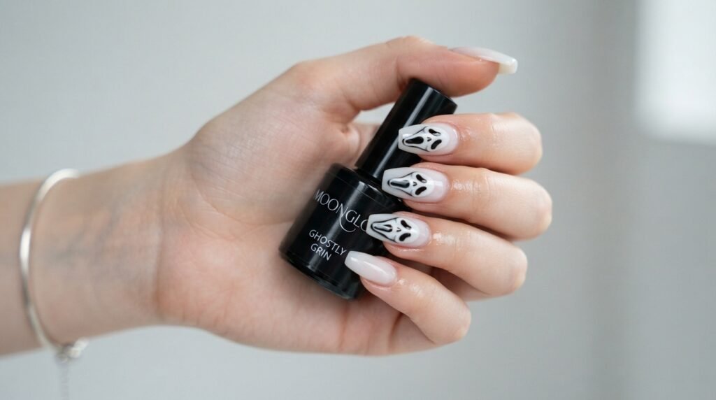 Coffin shaped press-on nails featuring ghost mask nail art on a white female hand.