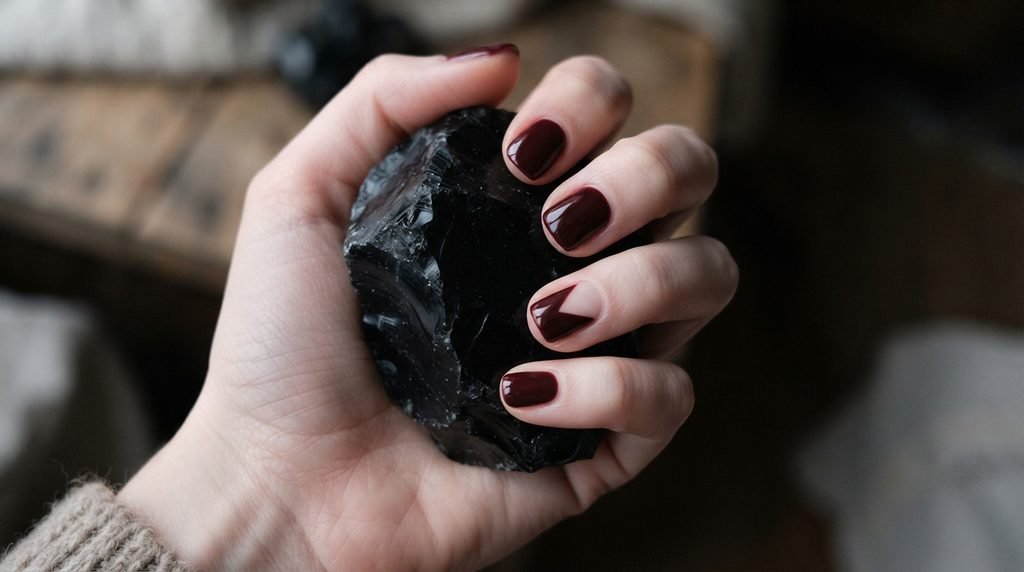A photograph of a hand with short, rounded oxblood nails, featuring a minimalist negative space V-tip detail on the ring finger