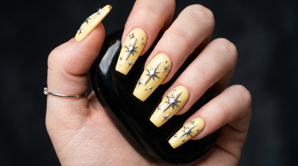 Butter yellow coffin nails with 3D silver chrome starbursts on an 18-year-old female hand with pale skin.