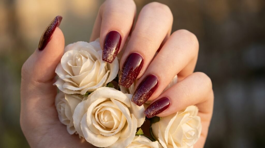 Burgundy coffin nails with a subtle gold glitter gradient fade held against white wedding flowers.