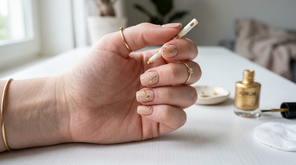 An 18-year-old female hand with very white skin tone demonstrating regular polish gold splatter technique using a straw.
