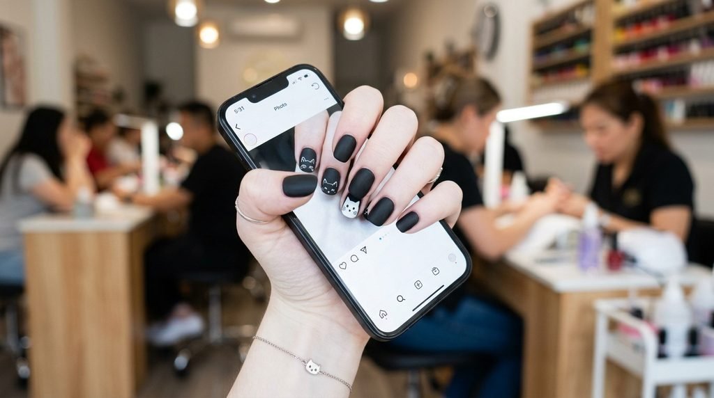Female hand with white skin tone displaying almond nails in a salon context.