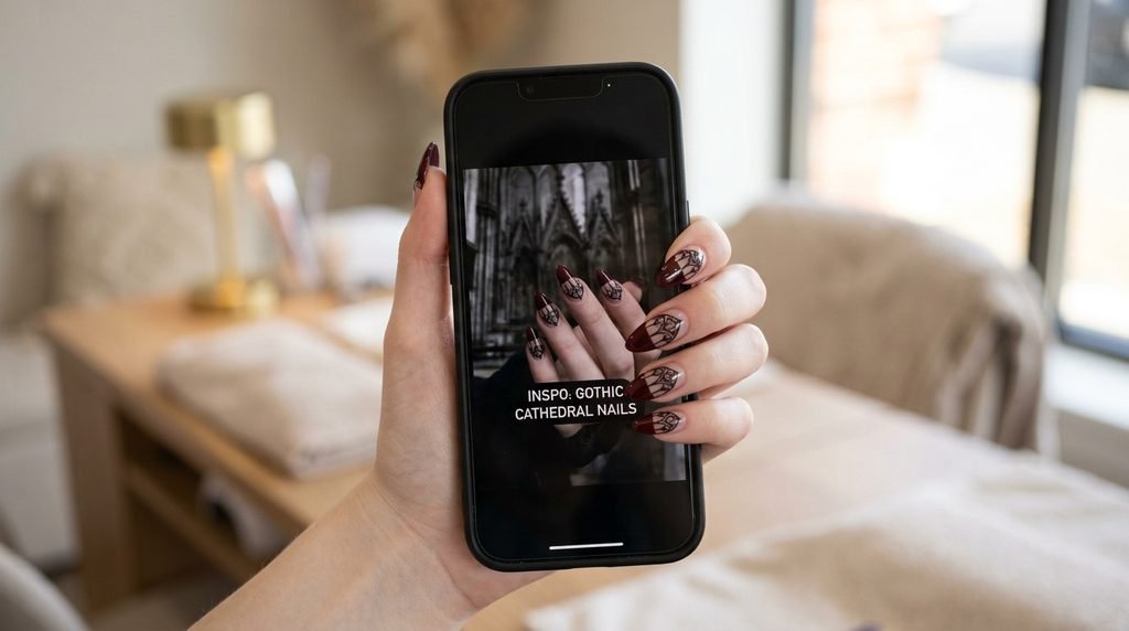 A close-up photograph of an 18-year-old female hand holding a smartphone showing nail inspiration next to finished oxblood tips